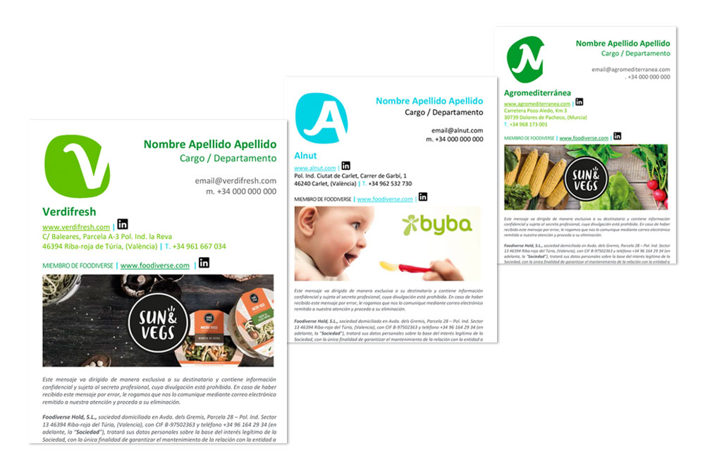 Disseny Identitat corporativa. Marca aplicacions papereria, retolació comercial, elements publicitaris. Verdifresh-marca-grup Foodiverse_Gisela Almerich comunicacio grafica