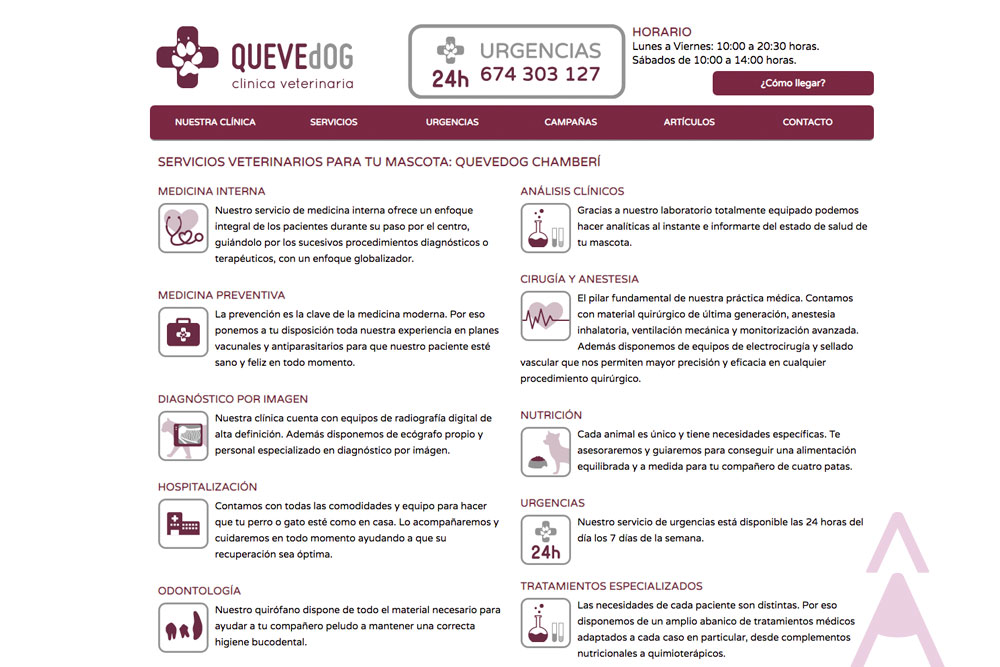 Pàgina de serveis Clínica veterinario Quevedog. Disseny Gisela Almerich comunicació gràfica