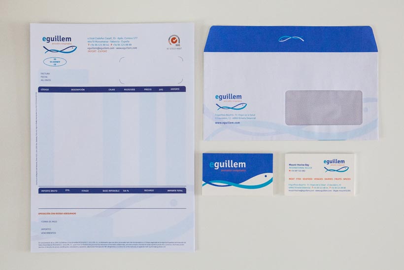 Redisseny de marca per a Eguillem pescados congelados. Implantació de marca, papereria corporativa, packaging, catàlegs. merchandising i web.+Fotografia de producte.