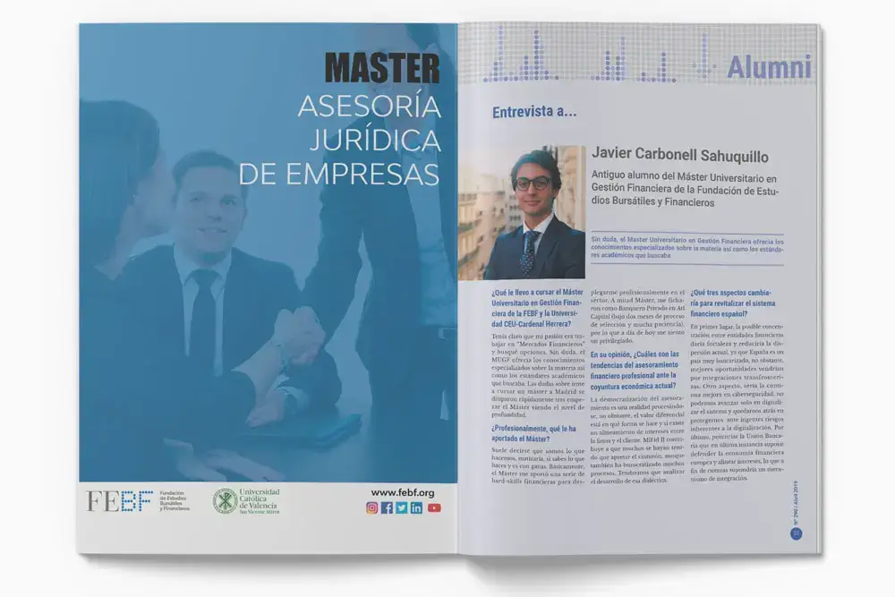 Disseny-maquetacio-editorial-butlleti-mensual-Fundacio-Estudis-Bursatils-i-financers-de-Valencia-FEBF-gisela-almerich