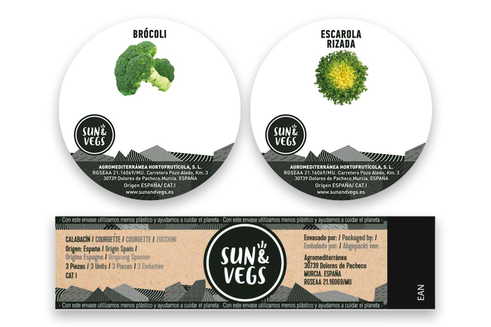 Disseny gràfic d'etiquetage, enganxines i feixins per a productes hortícoles de la marca de productes alimentarias Sun&Vegs. Gisela Almerich comunicació gràfica