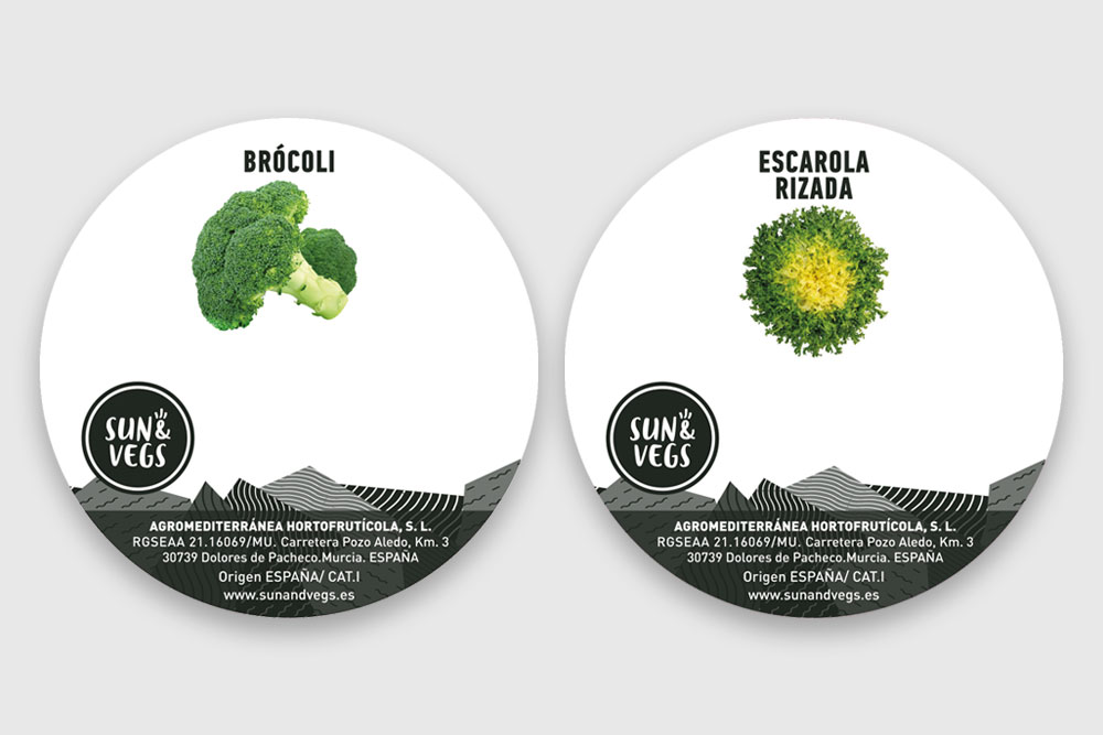 Disseny gràfic d'etiquetage, enganxines per a productes hortícoles de la marca de productes alimentarias Sun&Vegs. Gisela Almerich comunicació gràfica