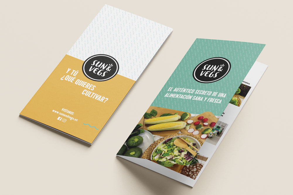 Disseny gràfic triptic publicitari Su&Vegs, marca perteneixent al grup Foodiverse/Verdifresh. GiselaAlmerich comunicació gràfica.