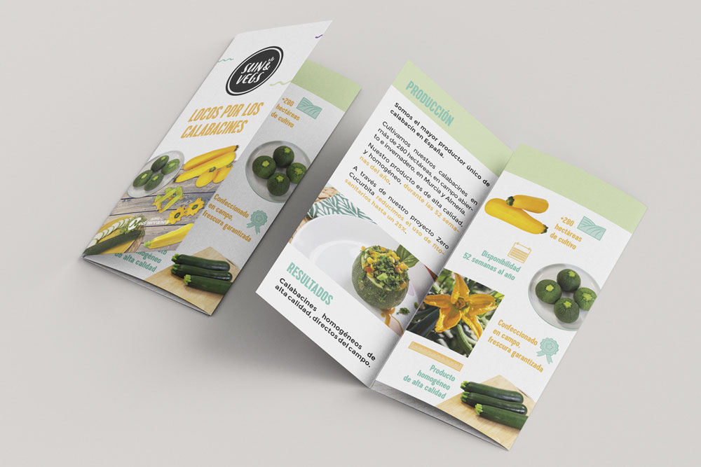 Tríptic publicitari, Sun&Vegs, Agromediterranea, grupo Foodiverse. Gisela Almerich disseny gràfic. Comunicació gràfica.